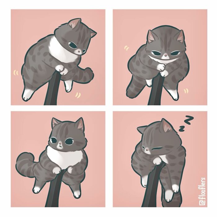 4-panel comic of a cute cat playfully hanging on a pole, showcasing hilariously cute moments.