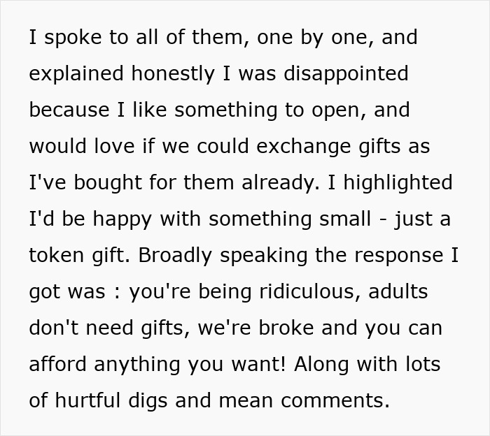 Text expressing a disappointed woman's conversation about gifts and the hurtful response from a poor family.