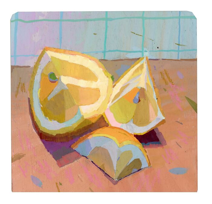 Cozy plein-air painting of colorful lemons on a table with a tiled background.