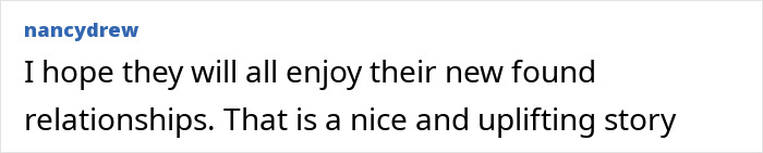 Comment from nancydrew celebrating a family reunion after 75 years, describing it as a nice and uplifting story.