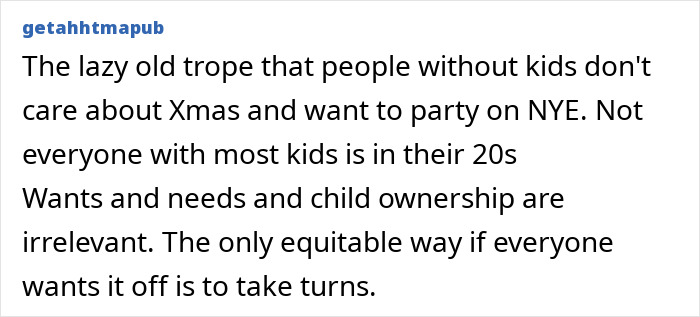 Text highlighting discrimination against childfree employees needing fair holiday scheduling.