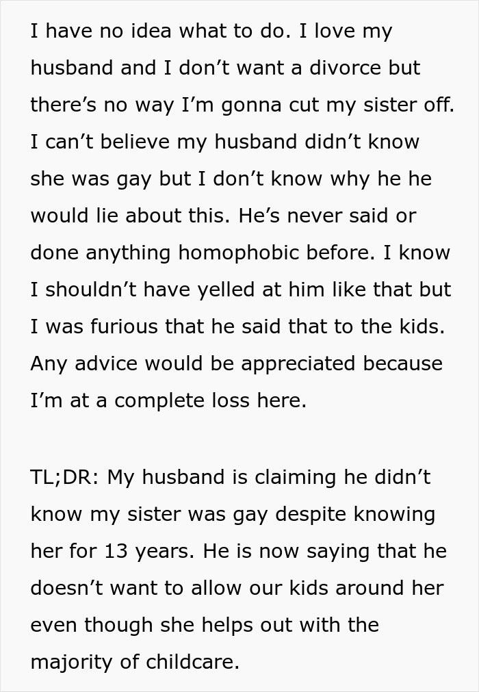 Text describing a wife's reaction to her husband's stance on their kids visiting their gay aunt.