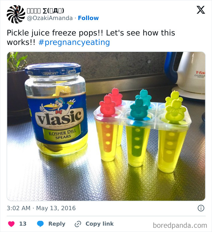 Pickle juice popsicles for a funny pregnancy craving experiment on a kitchen counter.