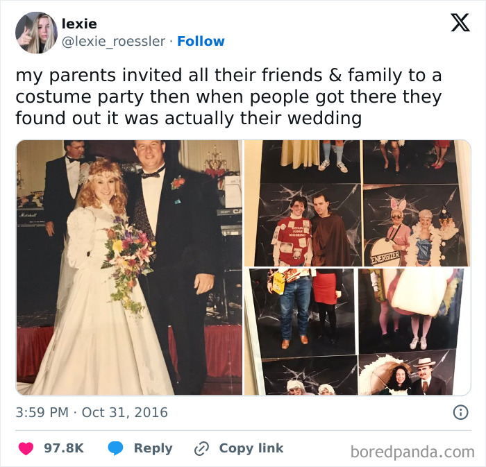Chaotic good wedding reveal; couple surprises guests at fake costume party turned real ceremony.