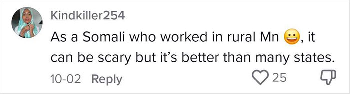 Comment discussing experiences in rural Minnesota after moving to a blue state, with a smiley emoji and 25 likes.