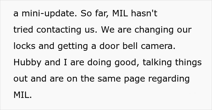 Text about preparing for unannounced visits from MIL, discussing new security measures like locks and a doorbell camera.