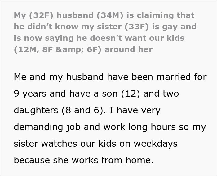 Text discussing a husband's objection to kids being around their gay aunt, revealing his real reason.