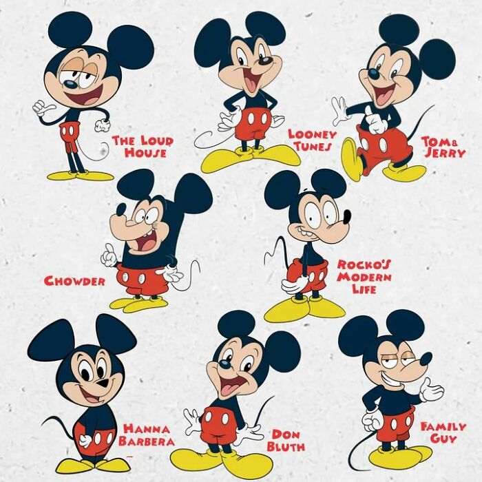 Pop culture characters illustrated in various cartoon styles, featuring different interpretations of a well-known mouse character.