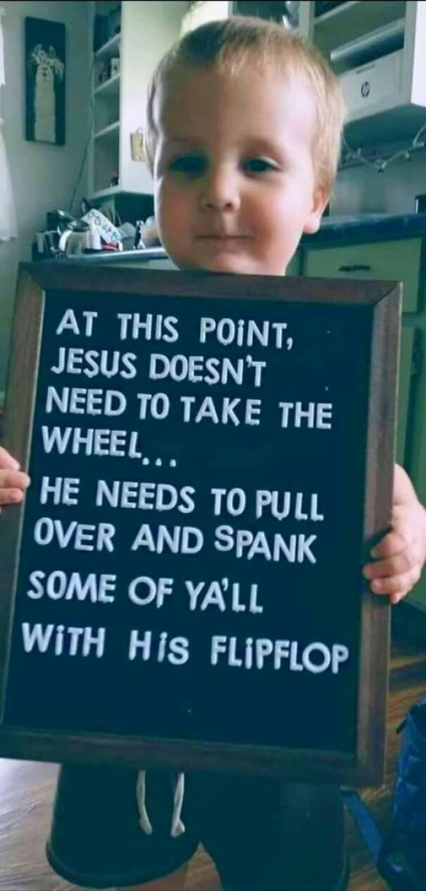 Child holding a sign with a humorous message about Jesus and flip-flops, showcasing weird and absurd signs.
