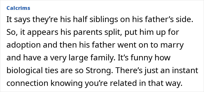 Text discussing a man reuniting with his half-siblings after 75 years, highlighting the strength of biological ties.