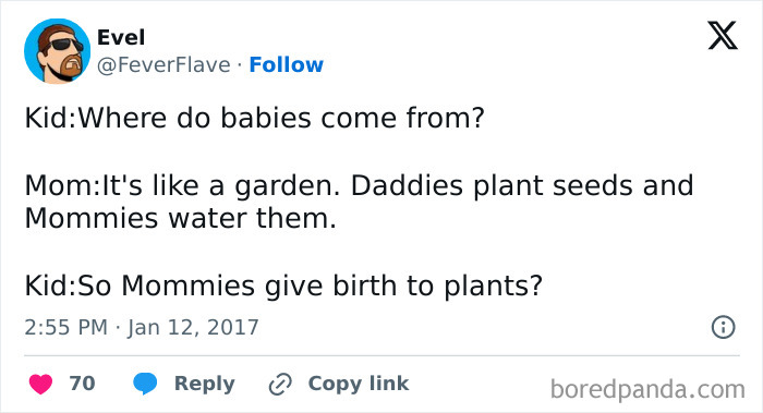 A funny tweet about where babies come from, comparing it to gardening, with a kid's humorous response.