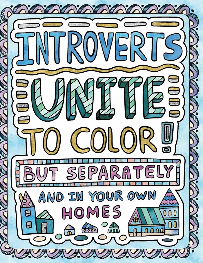Colorful illustration with text: "Introverts unite to color, but separately and in your own homes," ideal gifts for antisocial people.