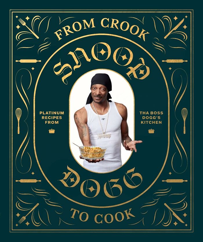 Cookbook cover featuring a celebrity holding a dish, with decorative text and cooking motifs.