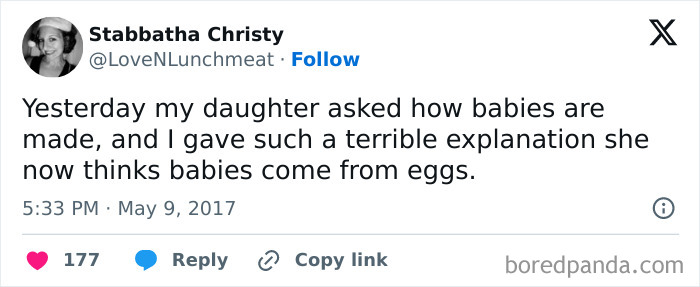 Funny tweet about explaining where babies come from, resulting in confusion.
