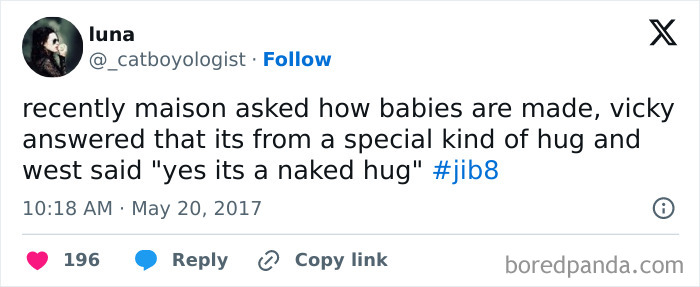 A tweet humorously explaining where babies come from as a "special kind of hug" and a "naked hug."