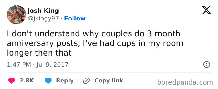 Tweet with British humor about 3-month anniversary posts, noting cups in one's room last longer.