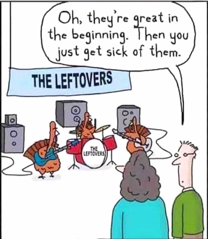 Cartoon of turkeys in a band called "The Leftovers," with a speech bubble reflecting dad humor.