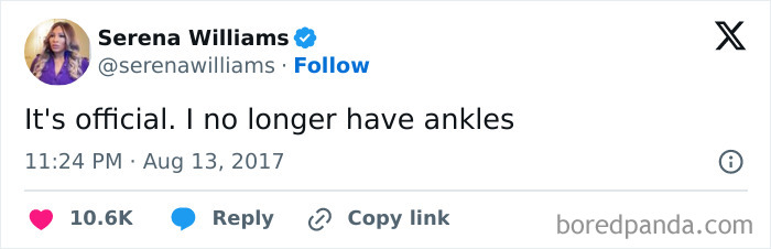 Tweet about funny pregnancy situation, joking about no longer having ankles, August 13, 2017.
