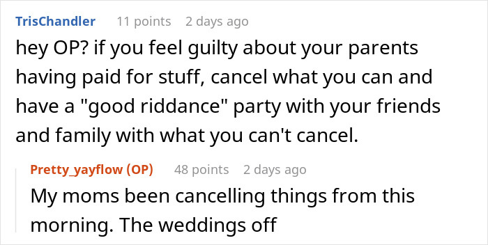 Screenshot of a conversation about a wedding cancellation related to a joke accident pregnancy, upsetting the fianc&eacute;.