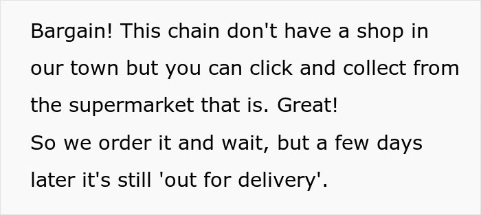 Text explaining a customer&rsquo;s order delay and persistence in delivery process.