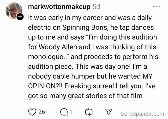 Instagram comment sharing an encounter with a nice Hollywood celebrity on the set of Spinning Boris, detailing a surprising audition story.
