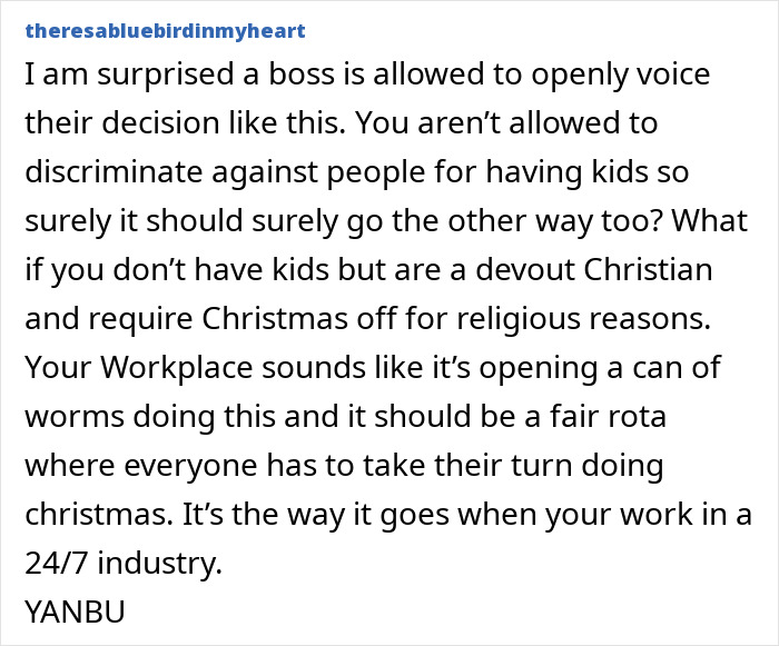 Text discussing workplace discrimination and unfair Christmas shifts, emphasizing equality for colleagues without kids.