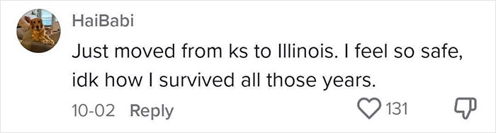 Comment about moving to Illinois from Kansas, feeling safe, with 131 likes.
