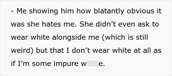 Text discussing a bride's concern over not wearing a white wedding dress to please her fianc&eacute;'s mother.