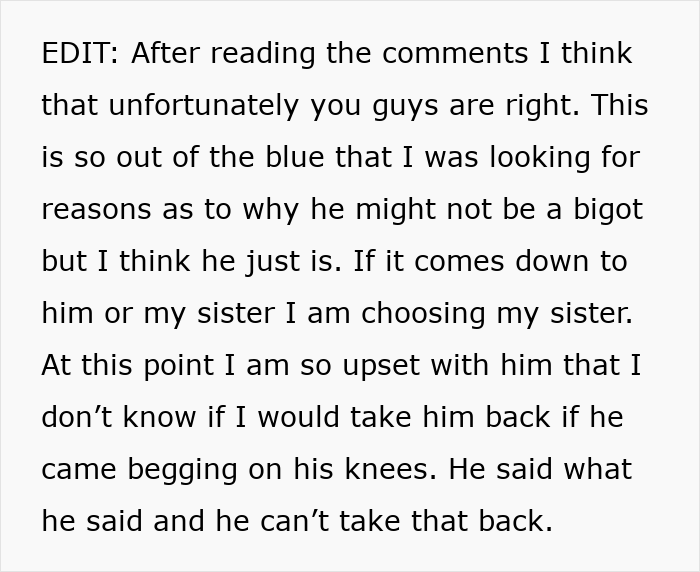 Text screenshot about conflict between husband and wife over gay sister. Wife chooses sister over husband.