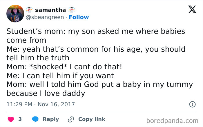 A funny tweet about a mom explaining where babies come from, featuring a humorous conversation about telling the truth.
