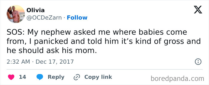 Tweet about a funny response to a nephew's question on where babies come from.