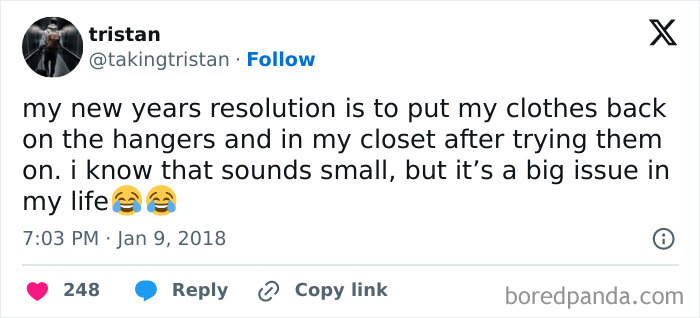 Sarcasm post about a relatable New Year's resolution to hang clothes up after trying them on, featuring laughing emojis.