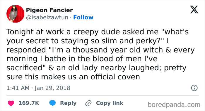 Social media post with a humorous response about secret to staying slim, mentioning witches and forming a coven.