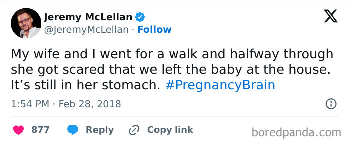 Tweet about a funny pregnancy situation with a mom-to-be fearing they left the baby at home, featuring hashtag #PregnancyBrain.