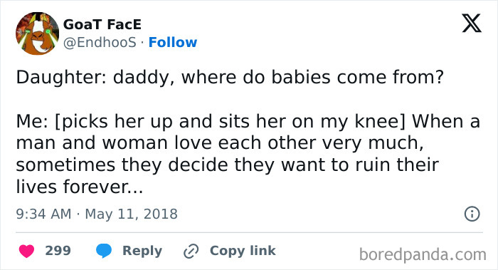 Funny tweet about where babies come from, with a humorous take on explaining it to a child.