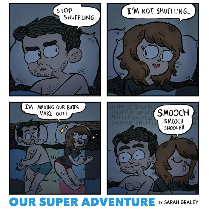 Comic by Sarah Graley shows a humorous bedtime moment between a couple, capturing playful love and humor.