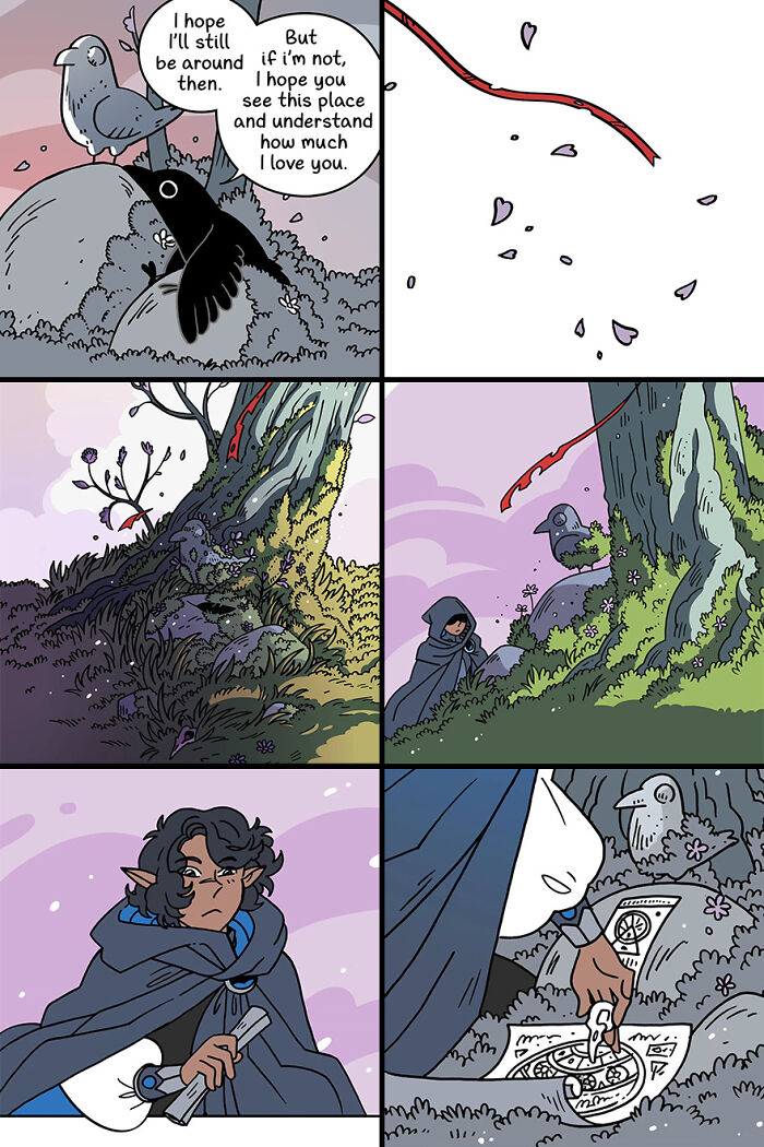 Fairytale-like comic scene with a crow, a rock, a person in a cloak, and a scroll amidst nature.