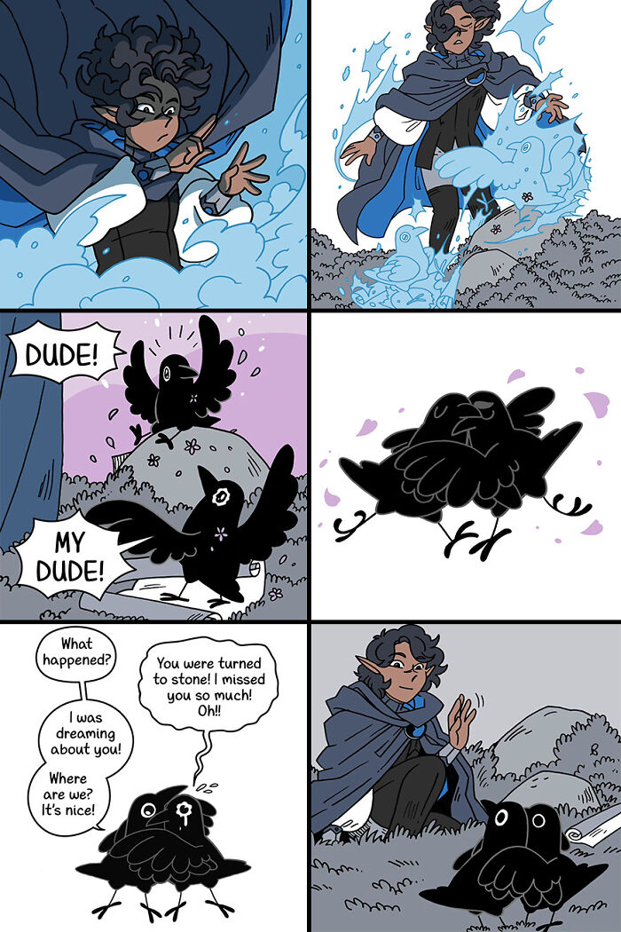 Fairytale-like comic with a magical figure and a talking crow reuniting in a whimsical scene.