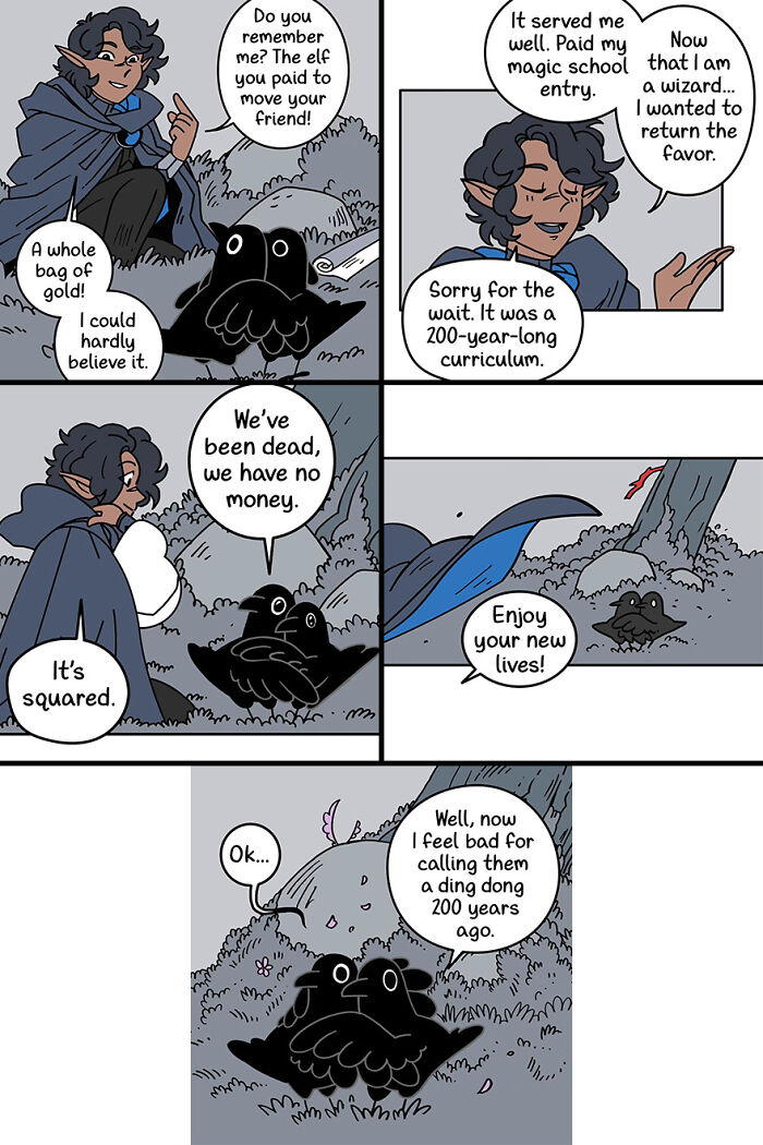 Cute and funny fairytale-like comic with a wizard and two crows having a humorous conversation in the forest.