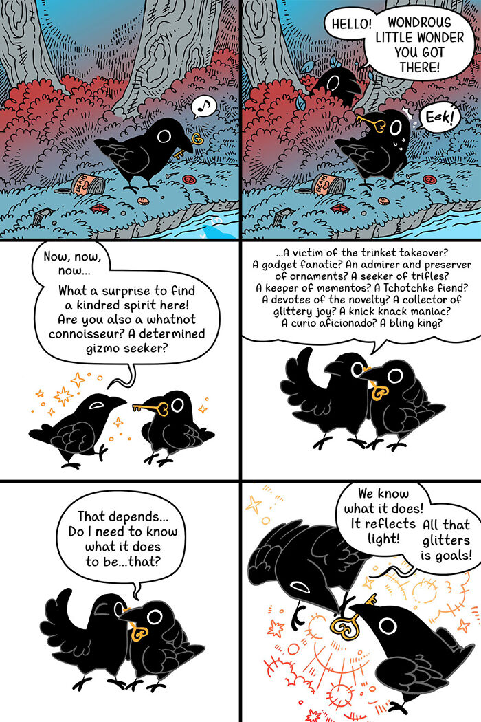 Cute and funny fairytale comic of two crows conversing in a colorful forest setting.