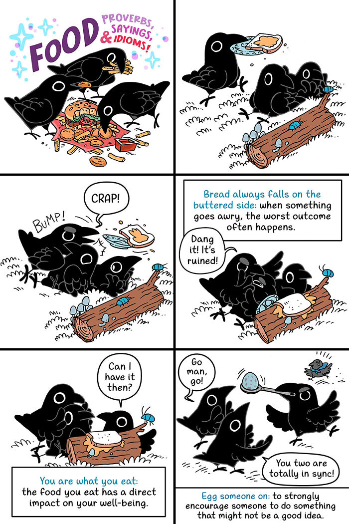 Cute and funny comics with crows discussing food proverbs and sayings in a fairytale-like setting.