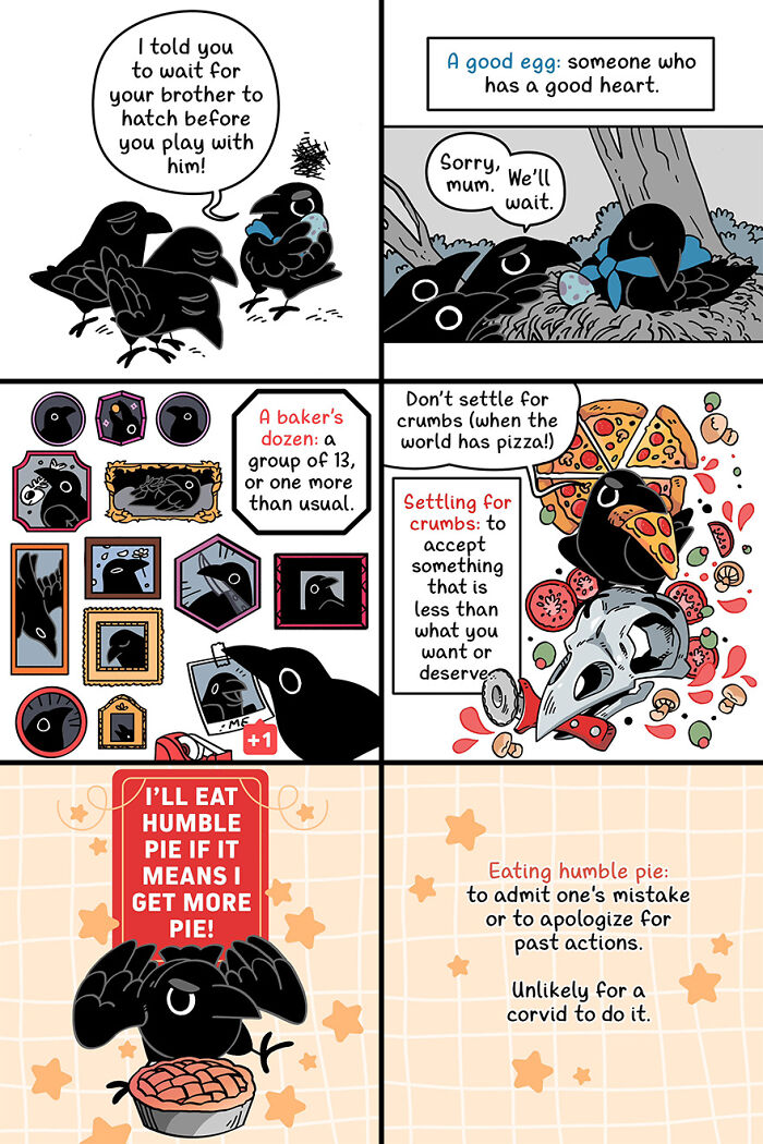 Cute and funny fairytale-like comic featuring crows with witty dialogues and playful illustrations.