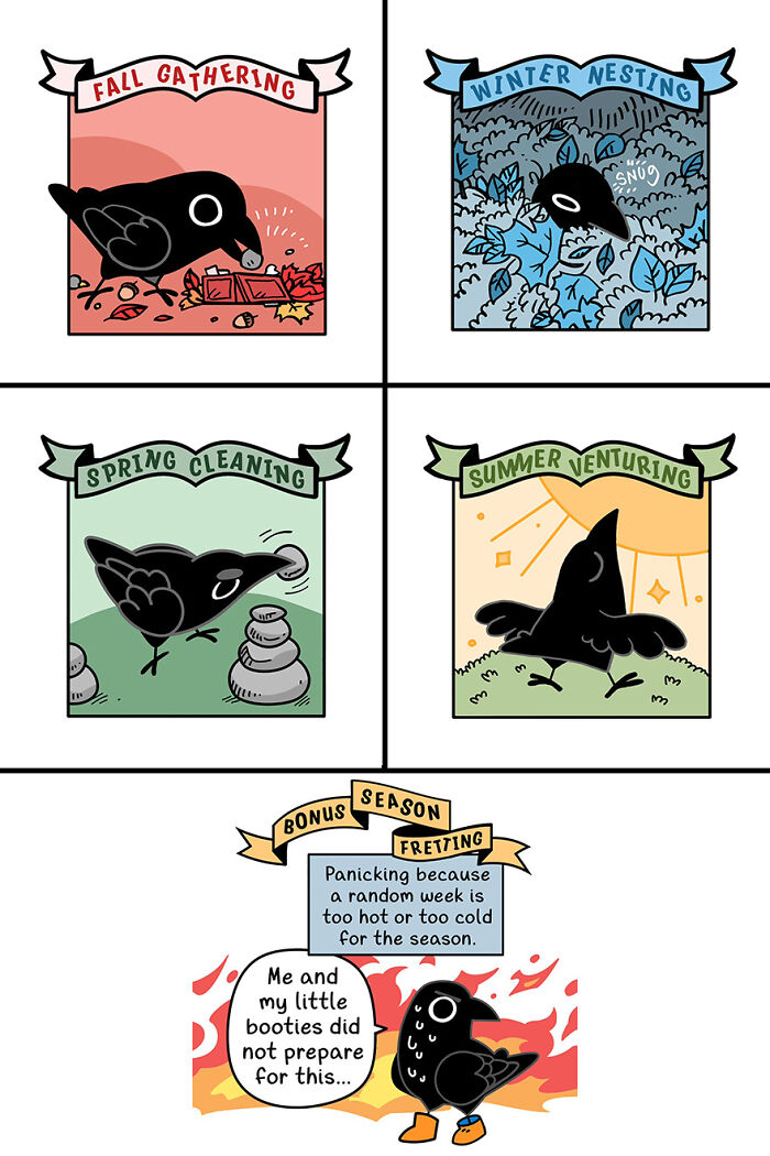 Cute crow going through seasons in a funny fairytale-like comic; ends with panicking about weather change in booties.