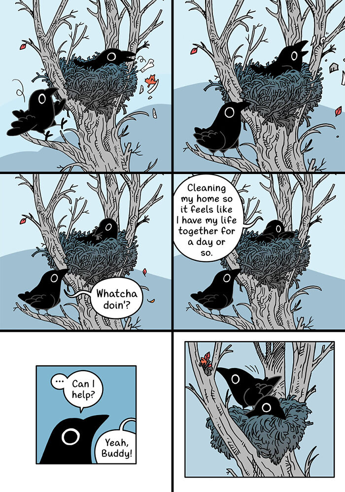 Cute and funny fairytale-like comic of crows cleaning a nest in a tree.