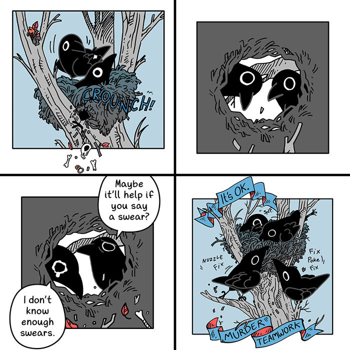 Cute and funny crow comic with crows in a nest using teamwork after a branch breaks.