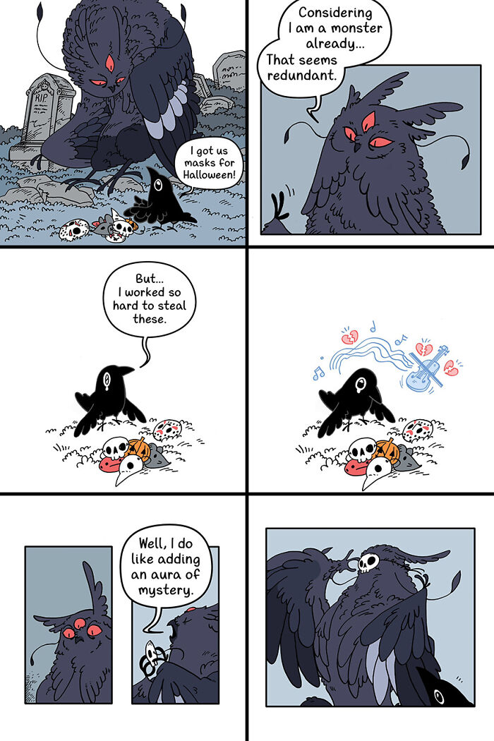 Cute and funny comic featuring a crow presenting Halloween masks to a larger, mysterious bird in a graveyard.