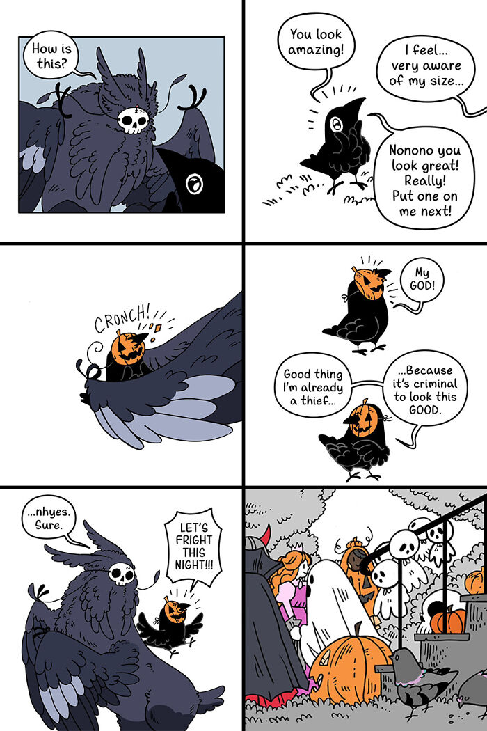Cute and funny crow comic in a fairytale-like setting with a crow wearing a pumpkin mask and interacting with other characters.
