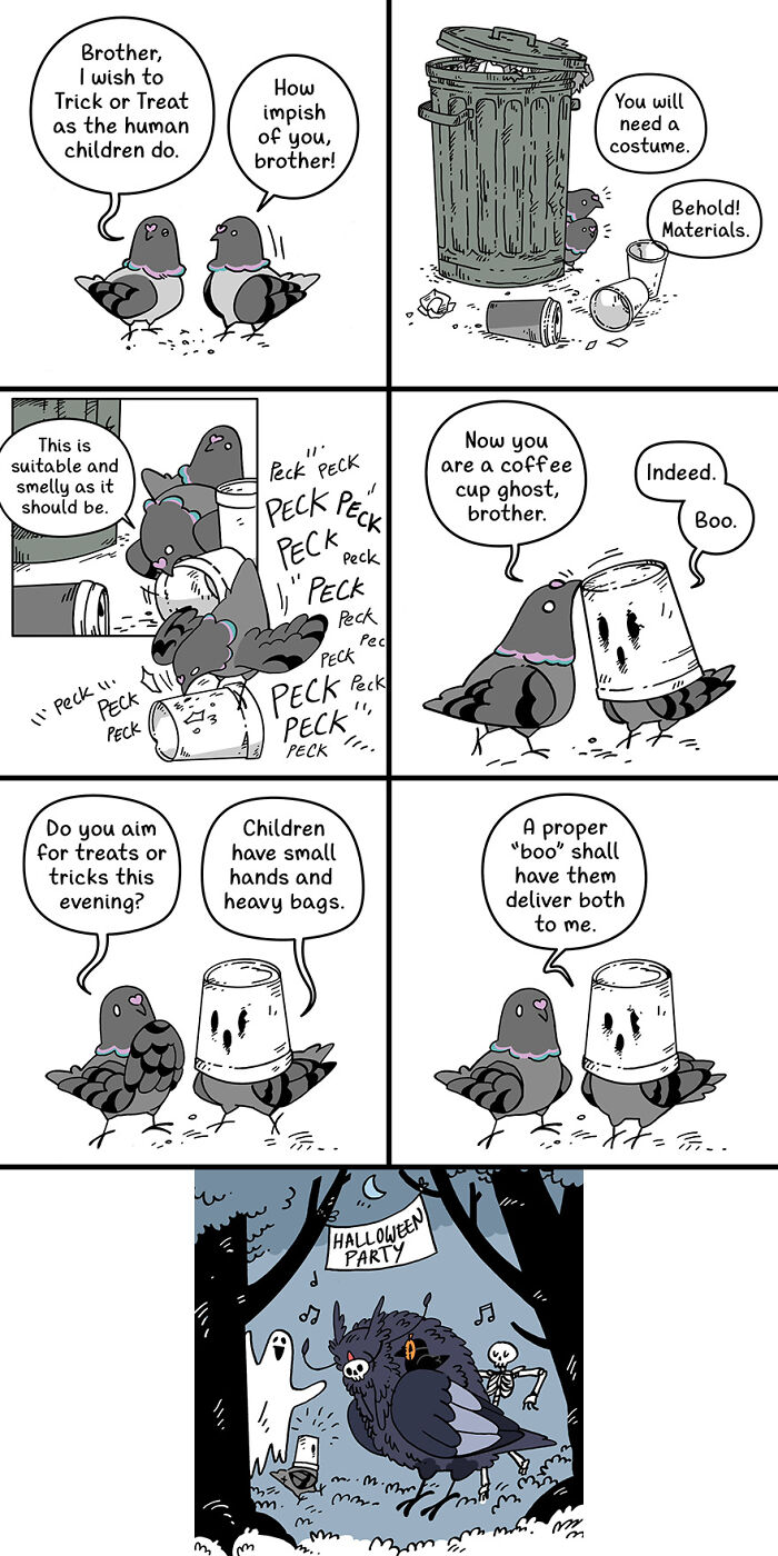 Cute and funny fairytale-like comic with birds creating Halloween costumes using trash materials.