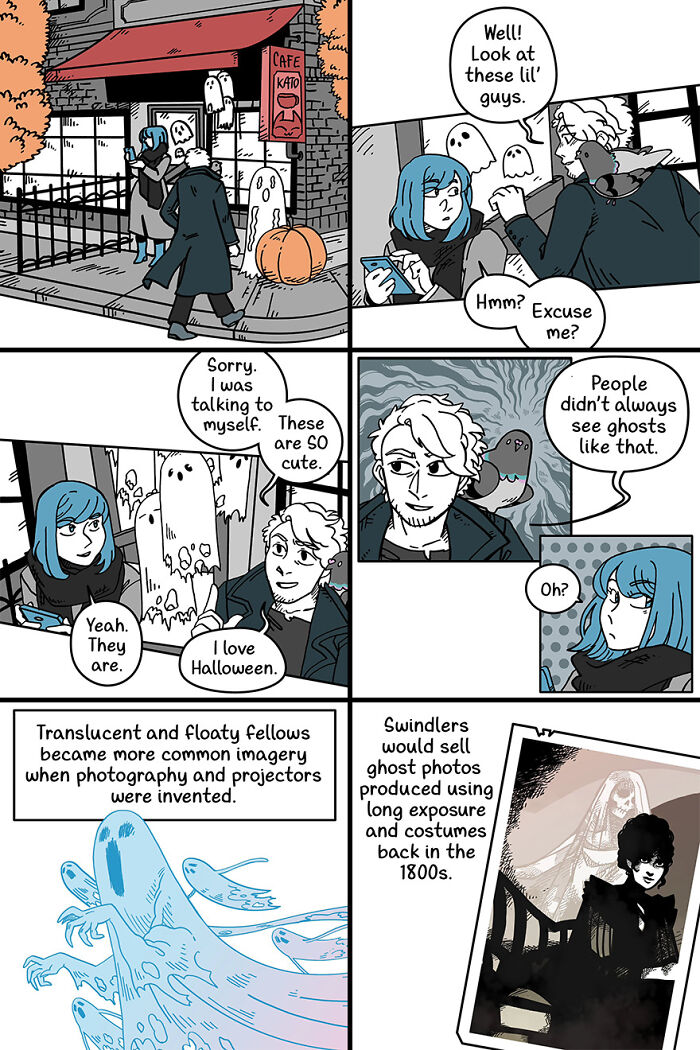 Cute and funny comic featuring characters interacting with cartoon ghosts in a fairytale-like setting.