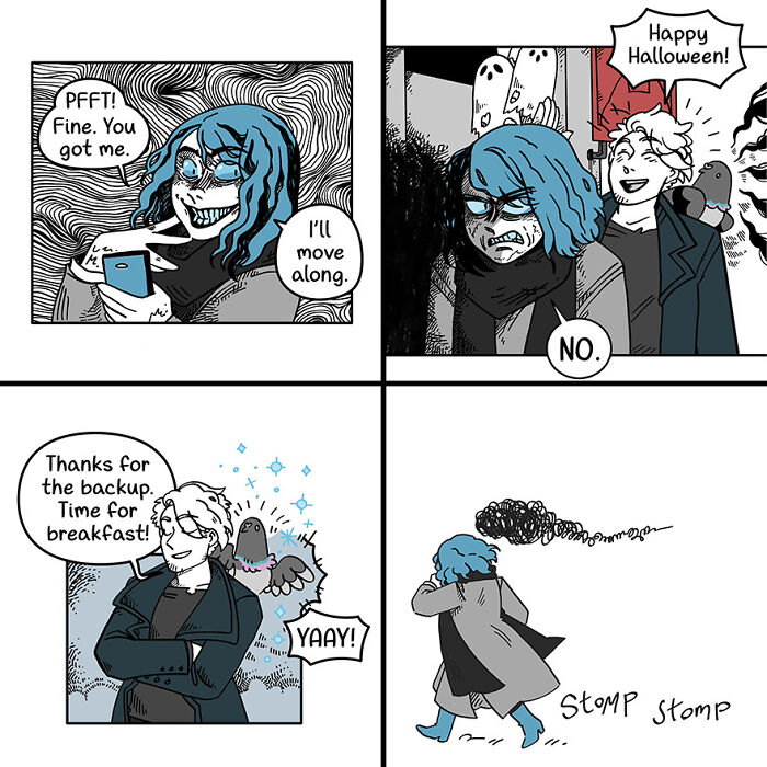 Comic strip featuring a character with blue hair and a crow in funny, fairytale-like scenarios.